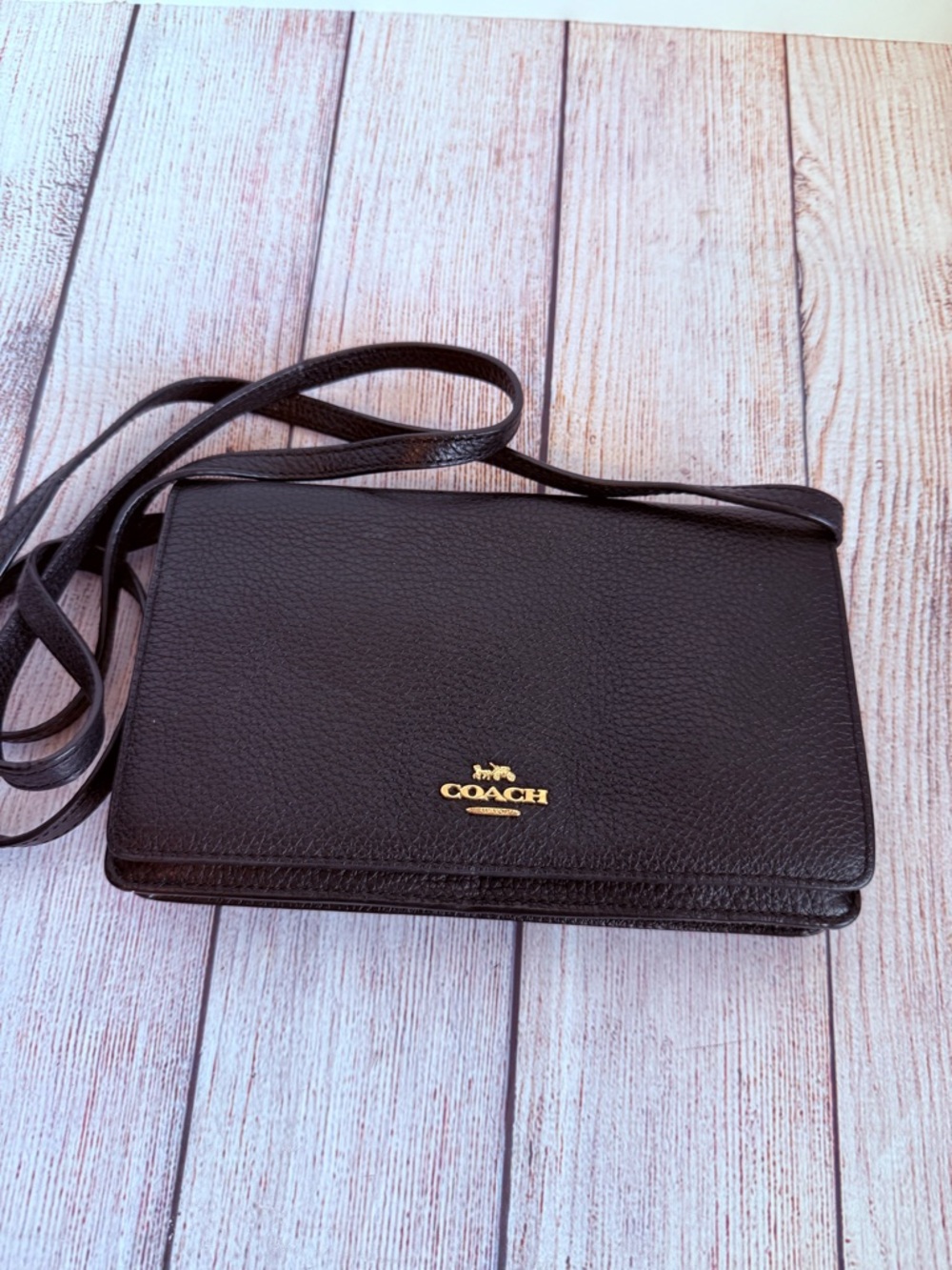 COACH Black Pebbled Leather Foldover Crossbody Purse - Picture 2 of 5